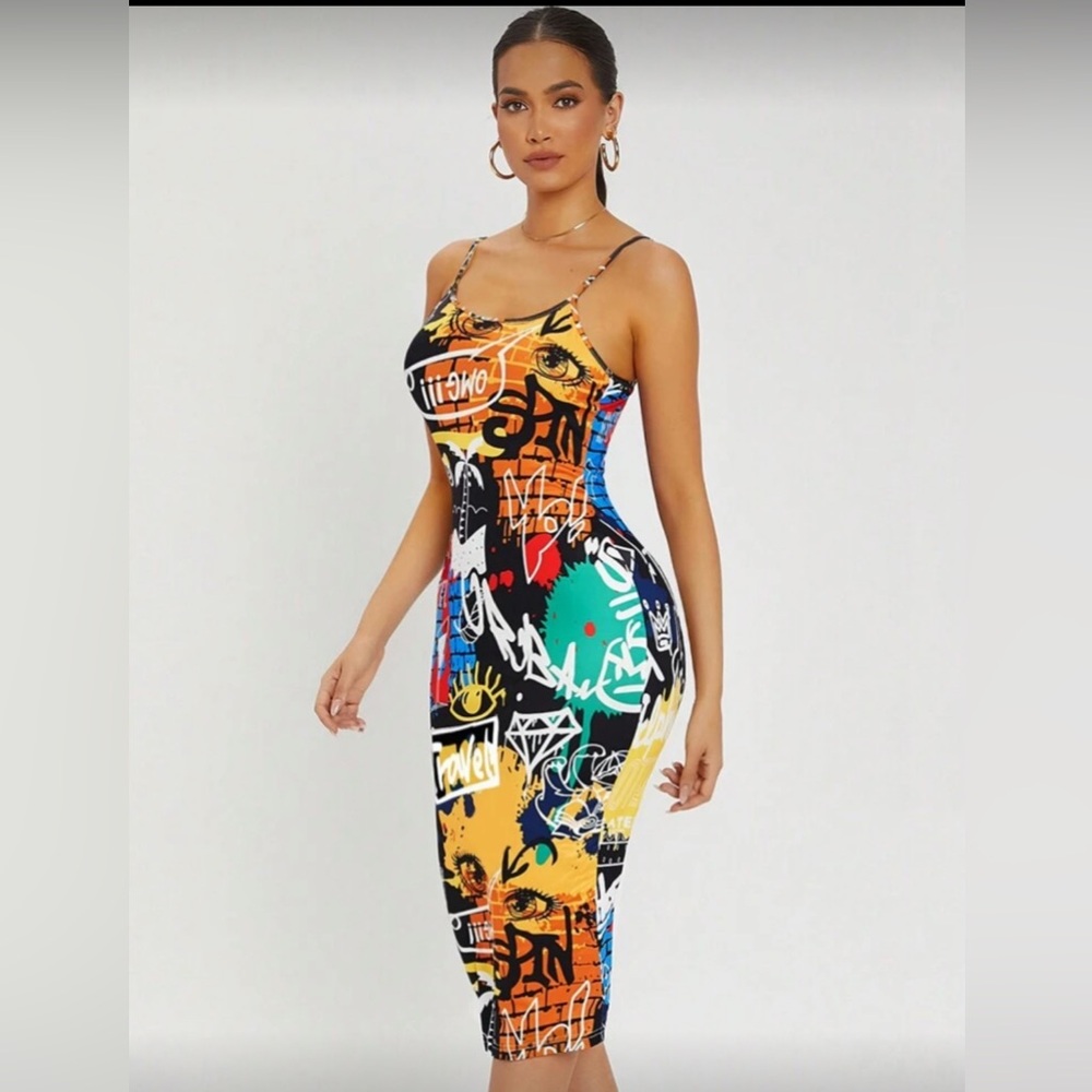 SHEIN Multicolor Graffiti Print Midi Dress